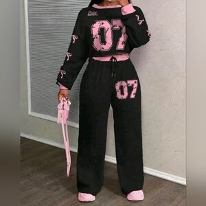 Black & Pink Graphic Wide-Leg Sweatpants And Cropped Top